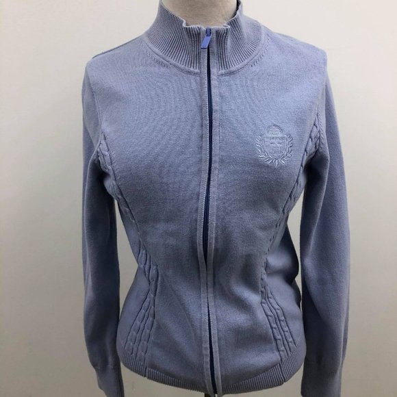 TOMMY HILFIGER BABY BLUE FRONT ZIP SWEATER WITH LOGO EMBROIDERY SIZE LARGE - Picture 1 of 7